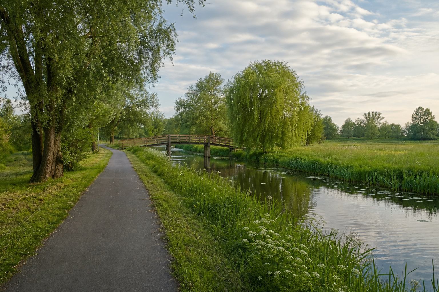 Radweg entlang eines Spreewaldkanals und einer Feuchtwiese