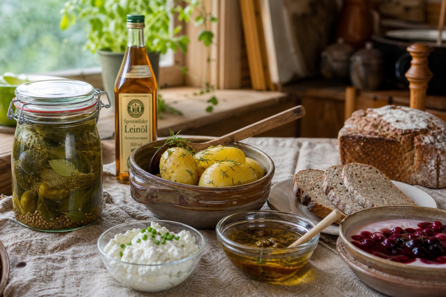 Spreewälder Gurken, Leinölgericht und lokales Brot auf Strohleinen-Hintergrund