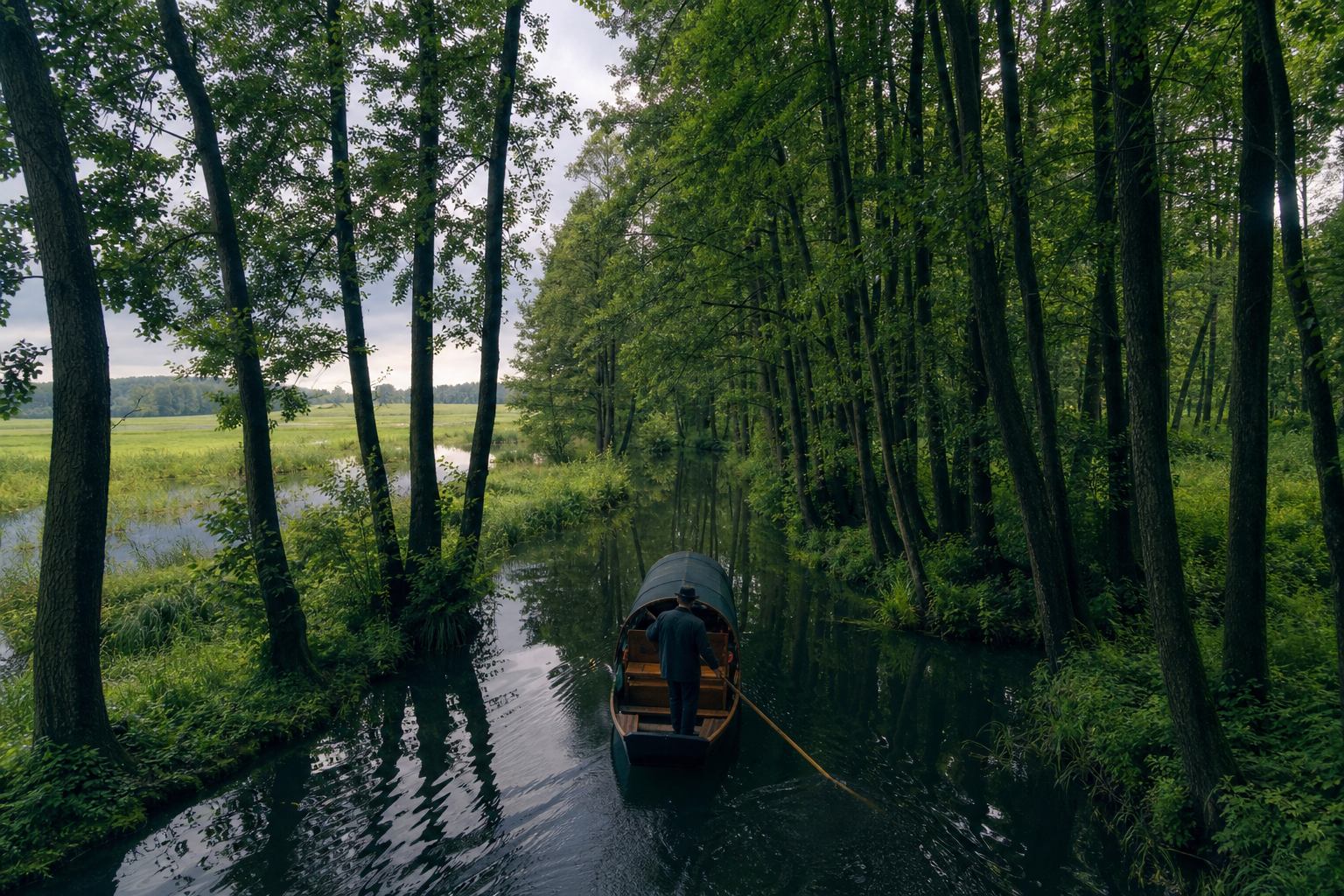 Kahn zwischen Erlen auf einem Spreewaldkanal