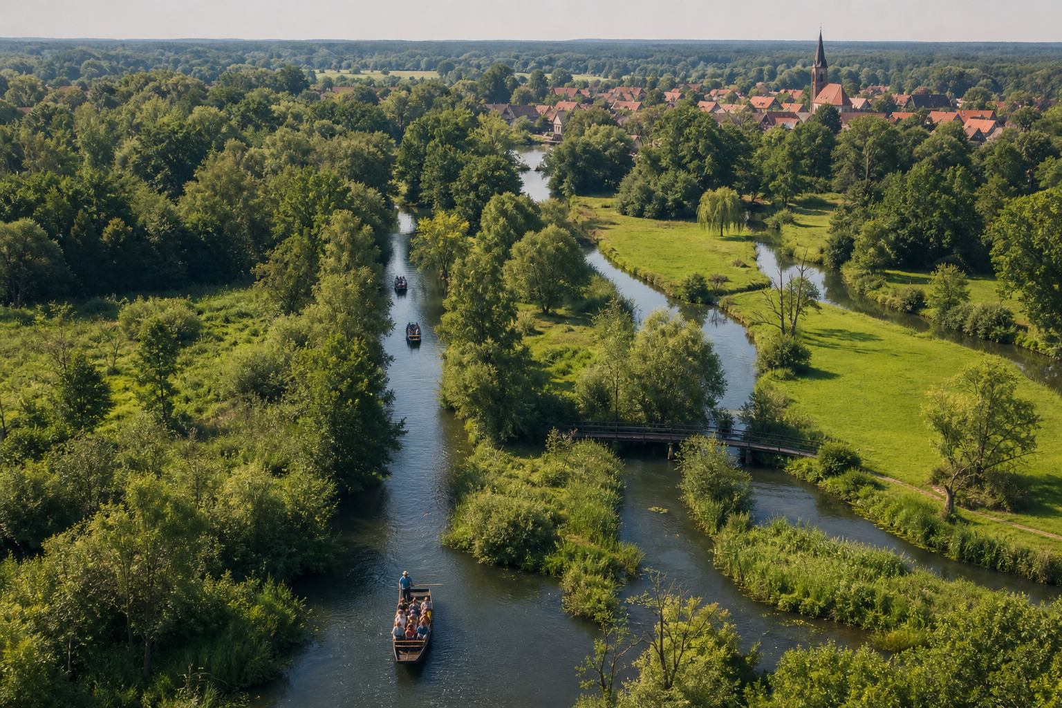 Verzweigte Spreewaldkanäle mit Wiesen und Waldrändern